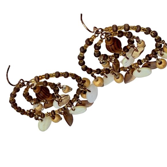 Native Style Beaded Dreamcatcher Hoop Earrings Gold Tone Large Shell , 3.5" - Picture 5 of 9